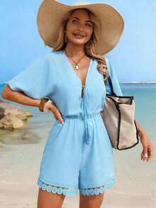 Traje de Baño Lushoire para Mujer, Verano, Playa, Manga Murciélago, Cuello en V, Lazo con Borlas, Patchwork, Ribete de Encaje Redondo, Pantalones Cortos - Celeste - Ver 3