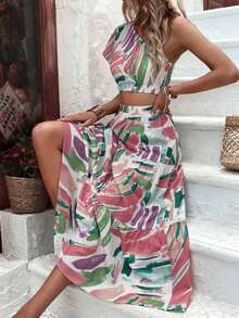 Elegant Green Fitted Short-Sleeved Blouse With Asymmetrical Shoulder + Elegant Beige A-Line Fitted Skirt, Perfect For Vacation/Resort Wear - 白色 - 查看 4