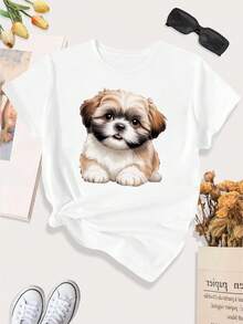 [Print Design]Casual Sports T-Shirt For Women Featuring A Large Shih Tzu Design[Suitable For Leisure And Sports Activities] - Multicolor - View 2