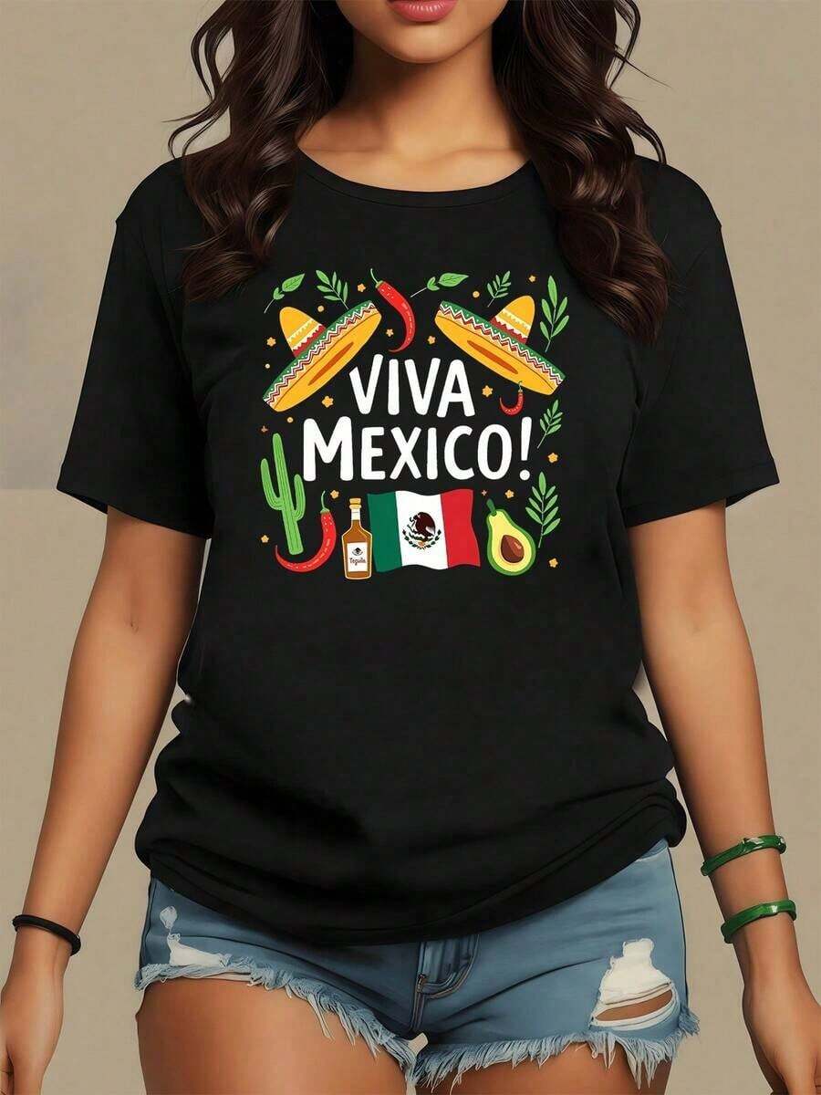 Premium Print Celebrates Mexican Culture With Sombreros, Chiles, Cacti, The Flag, Tequila, And Avocado, Evoking National Pride And Joy. Women's T-Shirt, 100% Soft And Comfortable Cotton For Everyday Wear. . - 黑色 - 查看 1