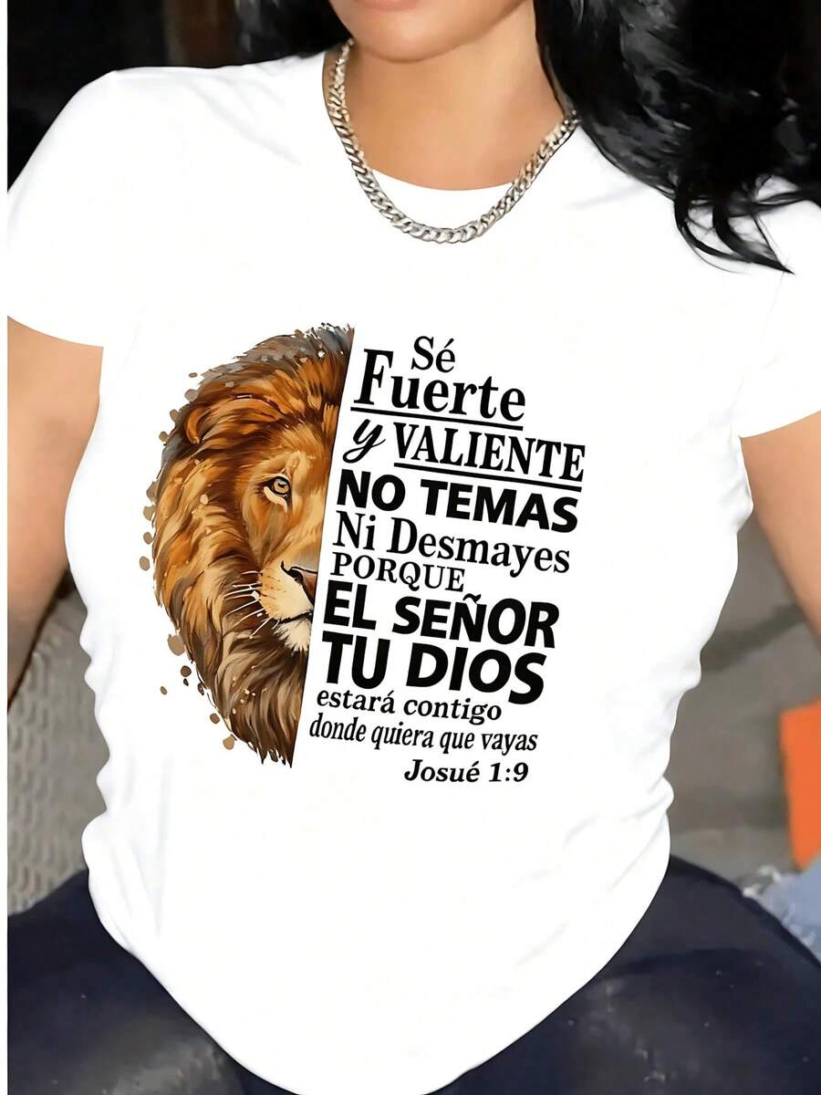 Women's T-Shirt. 100% Cotton Women's T-Shirt With Lion Print And Inspirational Phrase, Modern Casual Design, Round Neck, Comfortable And Breathable Style For Everyday Wear. Comfortable And Lightweight. - 白色的 - 查看 1
