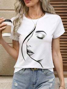 Soft 100% Cotton T-Shirt, 1 Piece.  Plus Size T-Shirts, Crew Neck Graphic Print T-Shirt, Women's Graphic Tees, Breathable Cotton T-Shirt, Goes With Everything, Great. - 白色 5 - 查看 6