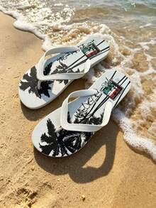 Men's Fashion Slippers With Coconut Tree & Letter Design, Casual Flip Flops For Beach, Party, Home & Outdoor, Summer - White a - View 6