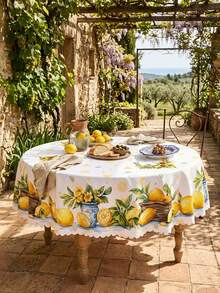1 Set Lemon & Sunflower Printed Tablecloth, Mediterranean Summer Style, Made Of High-Quality Polyester Fabric, Round/Oval Shape, Waterproof, Oil-Proof, Wrinkle-Resistant, Dust-Proof, Reusable And Washable, Decorated With Ruffled Lace Trim, Soft And Durable, Suitable For Indoor And Outdoor, Daily Dining Room Decor - Multicolor - View 18