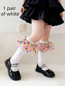 1/3 Pairs Colorful Rainbow Polka Dot Tulle Lace Trim Girls Socks, Black, White, Soft & Comfortable Knee-High Socks, Fashionable & Cute, Suitable For Dancing, Party, Daily Wear, Fits Ages 2-12, Holiday Gift - Multicolor - View 15