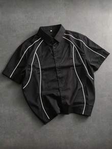 Men's Colorblock Line Patchwork Short Sleeve Shirt, Casual Street Style Summer Outfit - Black - View 5
