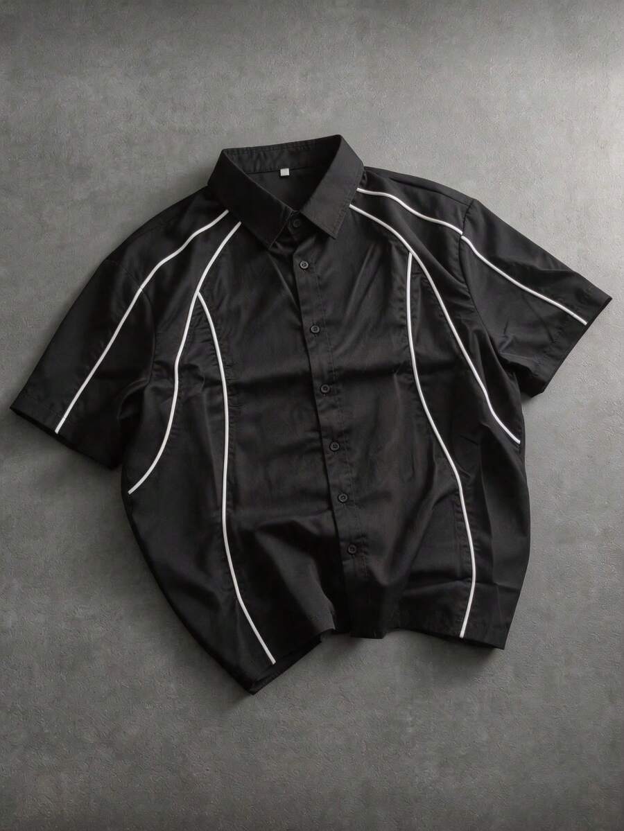 Men's Colorblock Line Patchwork Short Sleeve Shirt, Casual Street Style Summer Outfit - Black - View 1