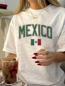 Camiseta de algodón suave MYNOVA C para mujer, talla grande, con estampado de la bandera de MÉXICO, regalo para amantes de los viajes, regalo de San Valentín, atuendo de moda, vestidos de verano para mujer, casual, perfecta para todas las estaciones, tallas S M L XL, camiseta de algodón puro. - Blanco - Ver 2