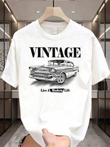 Camiseta de hombre con estampado de coches clásicos retro, estilo casual urbano, 100% algodón puro. - Blanco - Ver 8