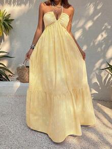 Pink Digital Print Fitted Waist Vacation Style Deep V-Neck Halter Backless Tie Dress - 黃色 - 查看 5