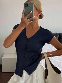 Cárdigan casual de verano para mujer, de unicolor, ajustado, de cuello en V, elástico y delgado - Azul marino - Ver 1