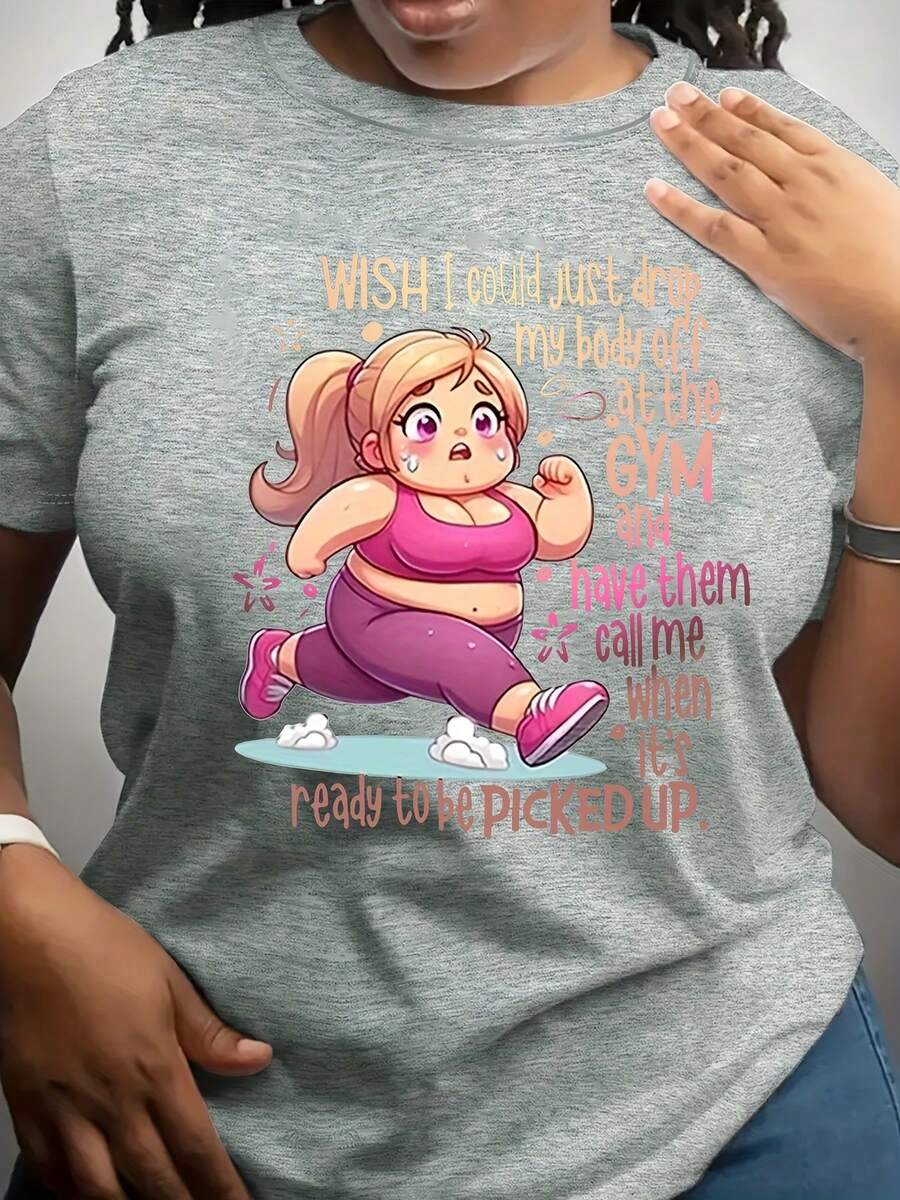 Plus Size - Women's Plus Size Gymnast Graphic Tee - Inspirational Design "I Wish I Could Leave My Body At The Airport And Get A Call To Pick Me Up." Casual Crew Neck, Short Sleeves, All-Season Clothing, Shirts. - 淺灰色 - 查看 1