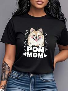 T-Shirt With An Adorable Pomeranian Dog Print, Short Sleeves And Round Neck, Women's Clothing, Modern And Versatile Casual Style, Suitable For Daily Wear, At Home, Outings, Dates And Leisure Activities, Pure Cotton Women's T-Shirt With Print. - 黑色 - 查看 7