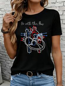 Women's Short-Sleeved T-Shirts In Black And White Are Suitable For Everyday Wear, Lounging At Home, And Outdoor Activities. Choose The Women's Heart-Shaped T-Shirt, Featuring A Medical Science Design, In White And Unisex, Ideal As A Gift For Parties Or Holidays. - 黑色 - 查看 7