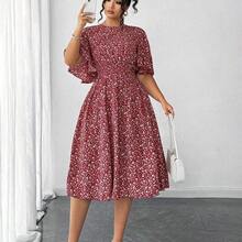 Elenzya Plus Size Women Ditsy Floral Round Neck Ruffle Sleeve Waist A-Line Midi Dress, Elegant Outdoor Wear - Verde - Ver 2
