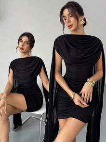 Vestido elegante y casual con cinta fluida y delgada, vestido de festival/vestidos elegantes para fiesta/atuendos de Acción de Gracias para mujeres/vestido de Año Nuevo/vestidos de invierno para mujeres/ropa de otoño/vestido de Año Nuevo/vestido de fiesta/falda negra/vestido negro - Negro - Ver 9