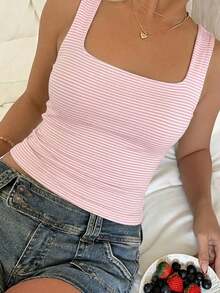 Camiseta de tirantes de punto a rayas rosa, estilo Y2K, diseño sin mangas adecuado para la playa, el transporte y el uso casual en verano - Rayas rosas y blancas - Ver 8