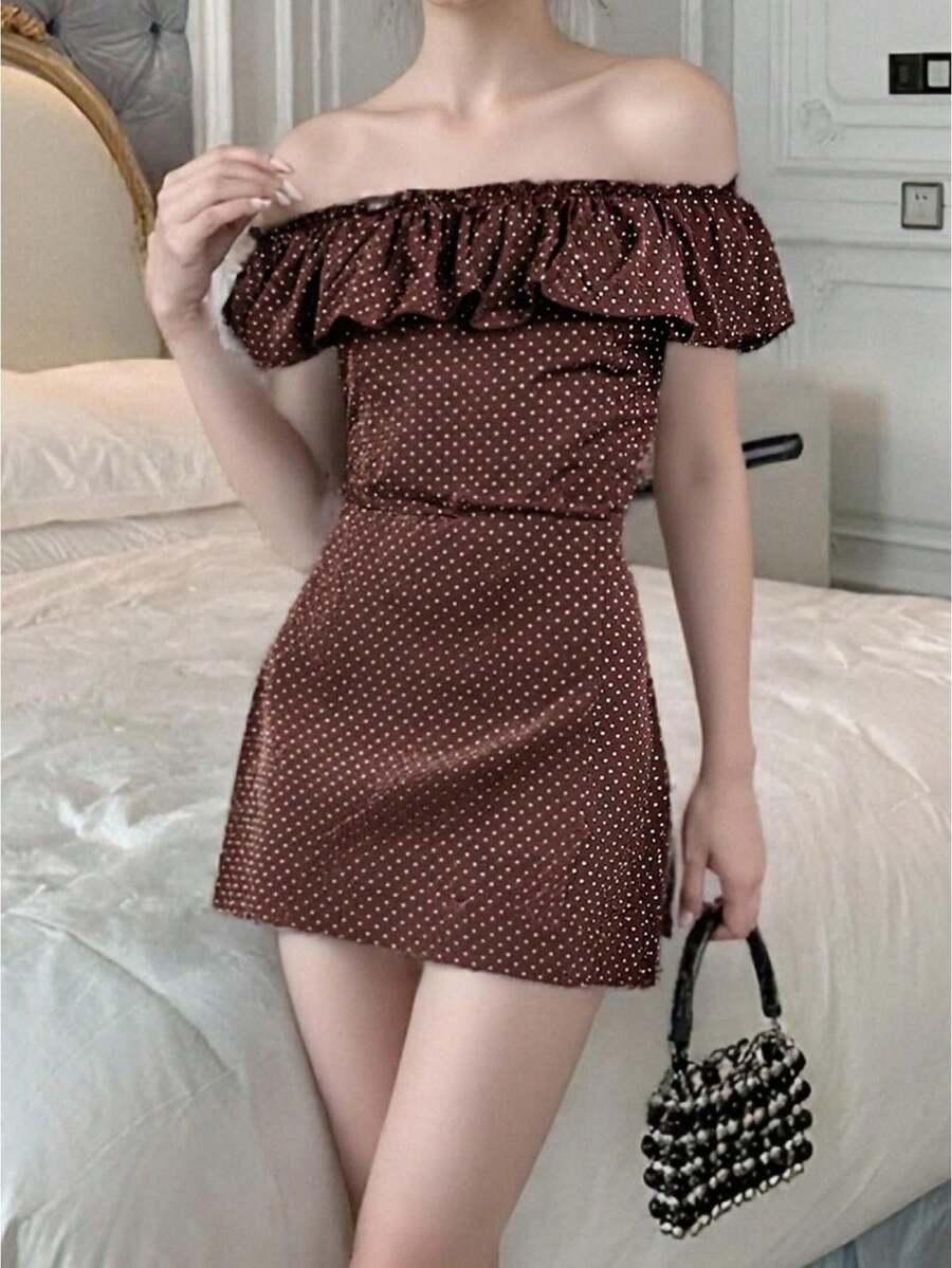 Women's Off Shoulder Dress Ruffle Sleeveless Dots Print Slim Fit Mini Dress For Party Club Dating - Dark Brown - View 1