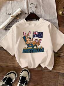 Camiseta de mujer manga corta con estampado de canguro australiano, estilo casual y cuello redondo - Albaricoque - Ver 6