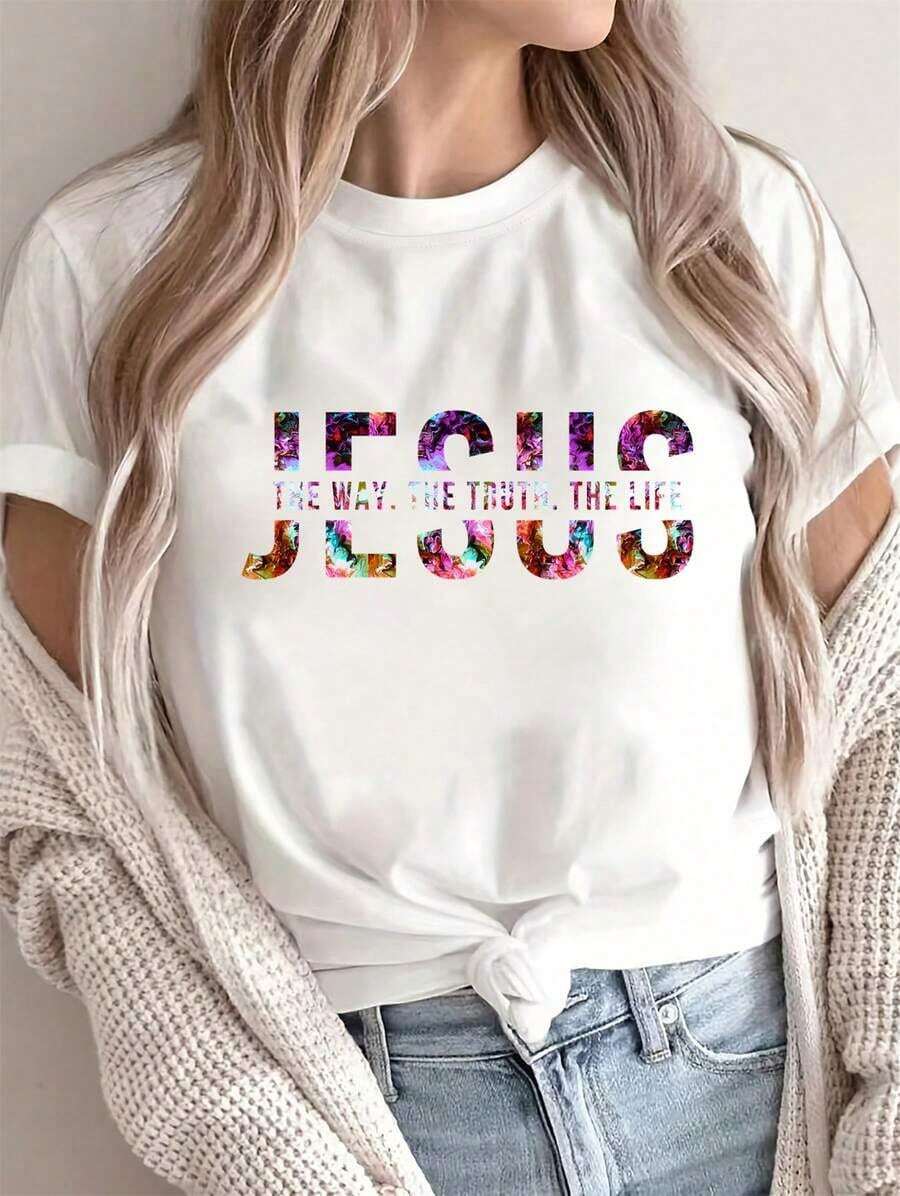 Camiseta de manga corta de moda con letras de JESÚS, camiseta casual de cuello redondo para mujeres. 100% Algodón - Blanco - Ver 1