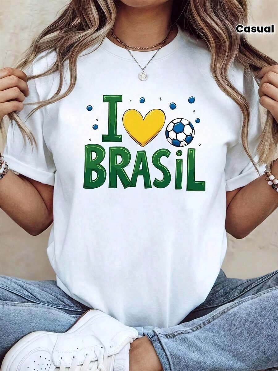 Women's 100% Cotton T-Shirt With "I Love Brazil Football" Heart Print, Perfect For Watching Matches And Celebrating Festivals, With A Vibrant And Energetic Short-Sleeved Design, Ideal For Casual Outings. - 白色 - 查看 1