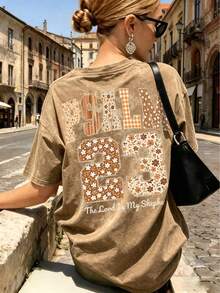 Psalm 23 Floral Pattern T-Shirt, Christian Faith Graphic Tee, Vintage Washed Casual Short Sleeve Summer Vacation - Brown - View 6