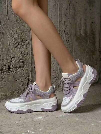 Women's Summer New Taro Purple Mesh Hollow Out Sandals, Rhinestone Thick Sole Height-Increasing Breathable Casual Sports Shoes, Versatile Leg-Lengthening Non-Tiring Shoes, Taro Purple Hollow Out Breathable Thick Sole Chunky Sneakers, Mesh Rhinestone Trim Inner Height-Increasing Casual Sports Shoes, Petite Versatile Lightweight Non-Slip Women's Shoes