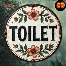 2D Flat Printed Vintage Round Metal Sign - Bathroom Sign, 8X8 Inches, Suitable For Home, Room, Garage, Countryside, Garden, Man Cave And Holiday Decor, Pre-Drilled Holes, Style As Shown In Size Image - Multicolor - View 1
