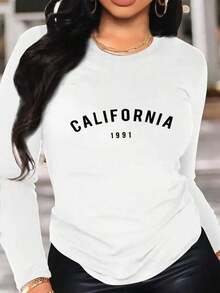 Women's Graphic T-Shirt, Long Sleeve, Round Neck, Basic, Comfortable, Cool, Lightweight, Modern, Youthful, Casual, Urban, Soft, Cool Print, California, Los Angeles, Lettering, City, America - 白色的 - 查看 1