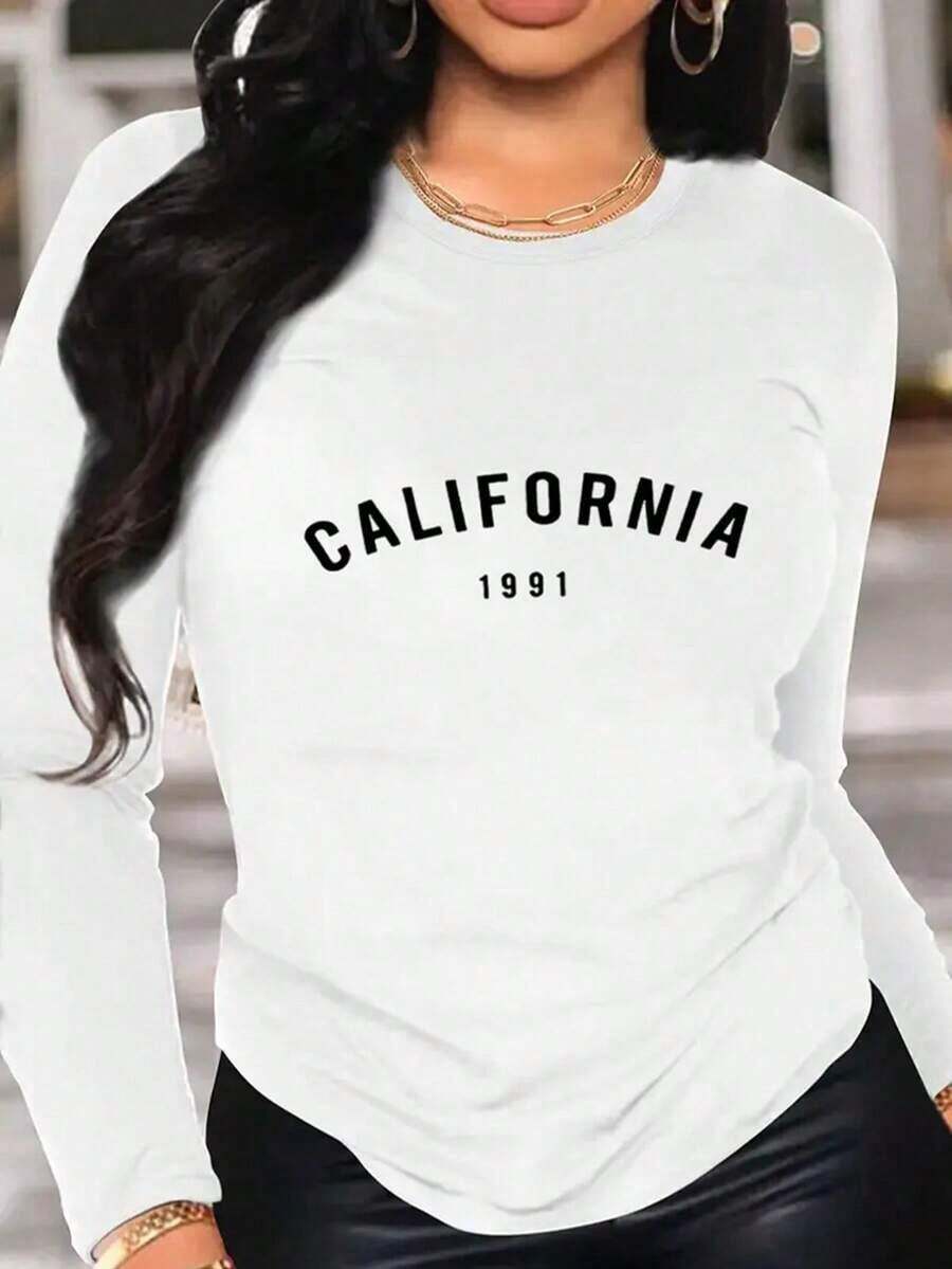 Women's Graphic T-Shirt, Long Sleeve, Round Neck, Basic, Comfortable, Cool, Lightweight, Modern, Youthful, Casual, Urban, Soft, Cool Print, California, Los Angeles, Lettering, City, America - 白色的 - 查看 1