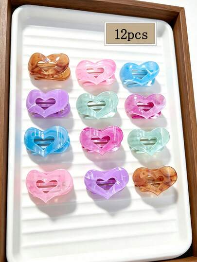12-Piece/6-Piece Women's Heart Hairpin, Marble Grain Print Hollow Hairpin, Hair Trim, Size 5 Cm/1.97 ", Plastic, Lightweight And Unbreakable. Do Not Fade, Sweet Girl Hair Accessories, School Season, Festivals, Party Suitable Hairpins, Duck Bill Clip, Easy To Wear, Not Easy To Fall Off, Do Not Hook Hair, Sorting Broken Hair Bangs, Wash Face, Make Up And So On Can Be Used