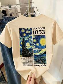 Women's Casual T-Shirt, A Tribute To Van Gogh's Masterpiece "The Starry Night" And A Numbered Pattern From 1853, Comfortable And Versatile For Spring/Summer, With A Round Neck And Short Sleeves, Elegantly Printed. Pure-Cotton - 杏色 - 查看 4