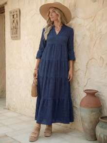 Vestido de vacaciones con mangas acampanadas y volantes en el bajo, unicolor para mujer, atuendos de vacaciones para mujer - Azul marino - Ver 3