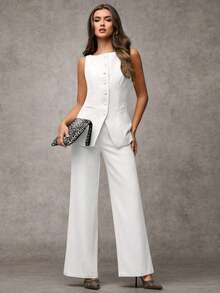 Traje de pantalón sin mangas negro para mujer con detalles de botones dorados con rosas, casual de negocios para otoño/invierno - Blanco - Ver 6