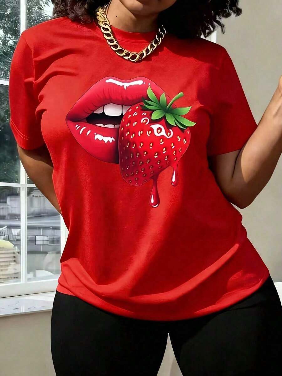 1 Piece Soft T-Shirt For Women | Women's Short Sleeve Round Neck Polyester Knit T-Shirt With Strawberry Lip Print | Everyday Wear, Casual Short Sleeve T-Shirt For Spring And Summer | Machine Washable, Suitable As A Gift For Friends, Classmates, Sisters, And Wives, For Wear In Spring, Summer, And Autumn. - 紅色 - 查看 1