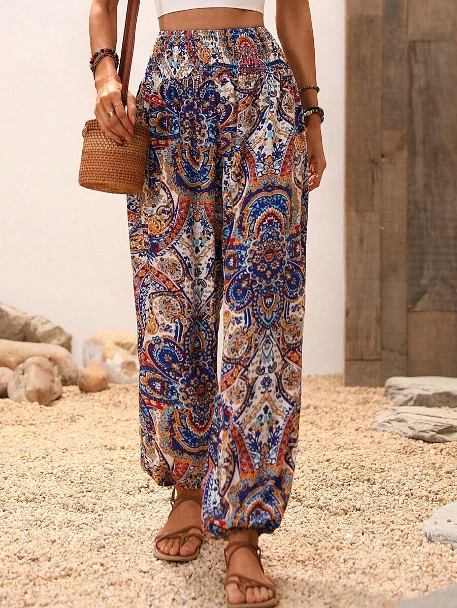 Pantalones jogger con estampado de paisley de cintura fruncido - Multicolor 9 - Ver 1