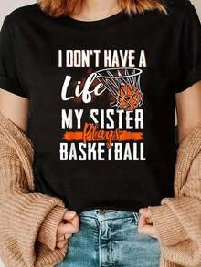 Camiseta de Baloncesto para Hermanos, Hermanas, Jugadores de Baloncesto y Aficionados al Baloncesto, 100% Algodón, Camiseta Divertida de Manga Corta con Cuello Redondo, Casual y a la Moda para Mujer - Negro - Ver 1