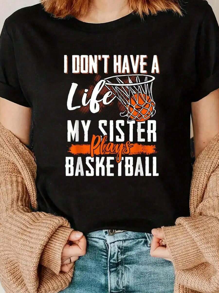 Camiseta de Baloncesto para Hermanos, Hermanas, Jugadores de Baloncesto y Aficionados al Baloncesto, 100% Algodón, Camiseta Divertida de Manga Corta con Cuello Redondo, Casual y a la Moda para Mujer - Negro - Ver 1