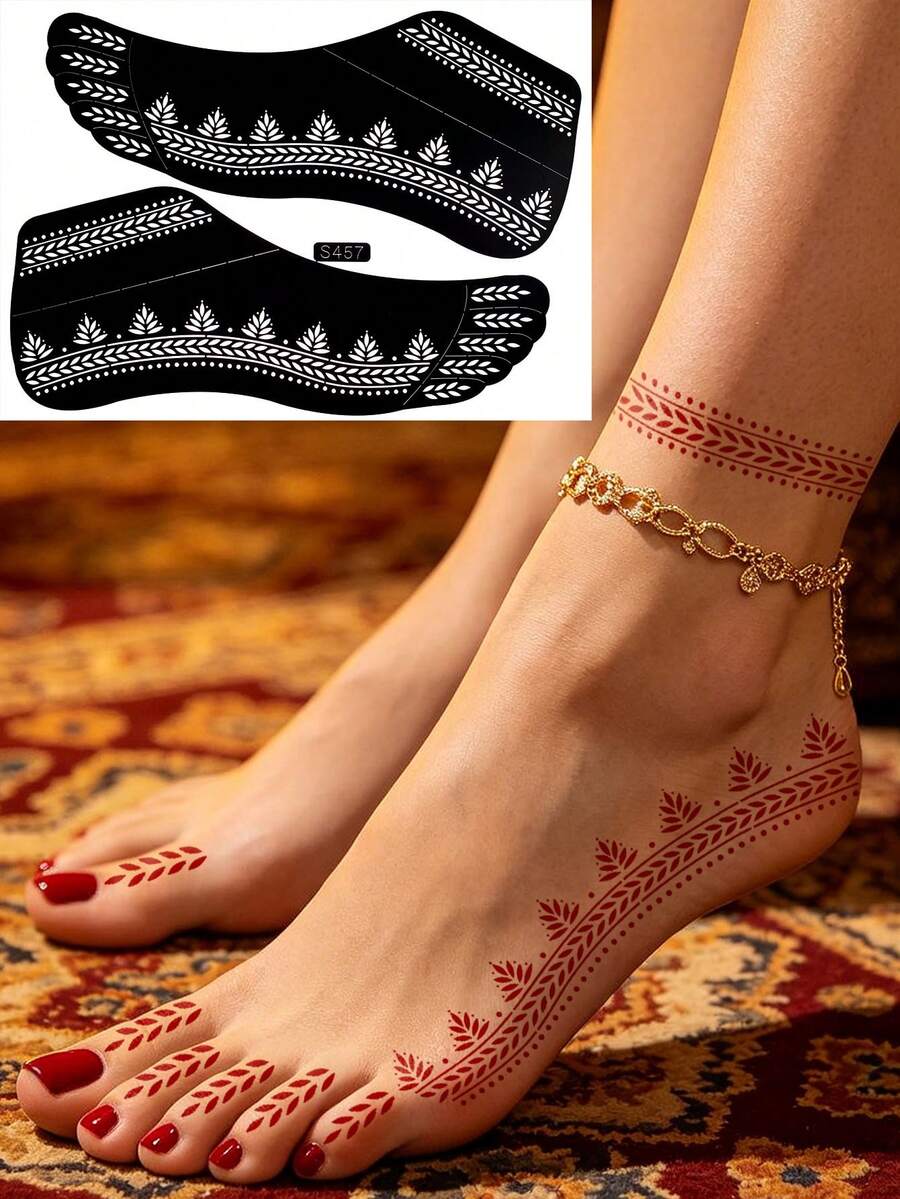 1pc Geometric Leaf Mandala Hollow Template Sticker, Leaf, Wavy Arc, Dotted Decorative Line, Foot Painting, Body Art Template, Spring/Summer Pattern Tattoo Template, Suitable For Wedding Design, Holiday Party, Foot Art Makeup Tattoo