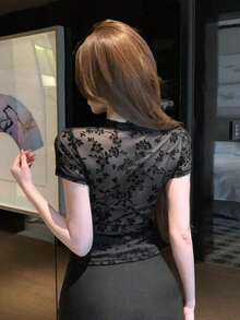Camiseta de manga corta para mujer de ajuste ceñido, de cuello redondo y unicolor para el verano - Negro 2 - Ver 2