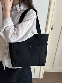 Bolsa de Lona de Gran Capacidad Estilo Universitario, Bolsa Casual, Bolsa de Compras, Bolsa de Hombro Multiusos, Versión Mejorada de Bolsa de Lona - Negro 2 - Ver 6