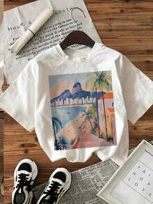 Conjunto de 3: Camiseta de manga corta con cuello redondo y estampado de arquitectura de canales estilo acuarela de Venecia, Italia.Camiseta Y2k - Blanco - Ver 10
