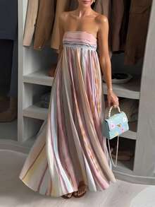Vestido largo primavera bicolor strapless espalda descubierta elegante y sexy estilo europeo para mujer - Dorado - Ver 7