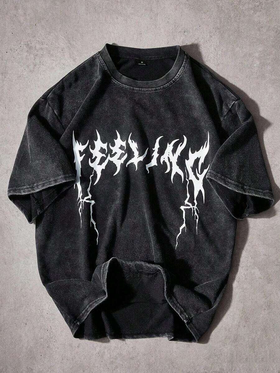 Men's INS Urban Style T-Shirt, Washed Fabric With Dark Letter Print, Ideal For Music Festivals, Nightclubs, Gift For Boyfriend/Husband, Anniversary Gift, Gothic T-Shirt, Distressed T-Shirt, Acid Wash T-Shirt, Graphic T-Shirt, Acid Wash Graphic T-Shirt - 黑色 3 - 查看 1