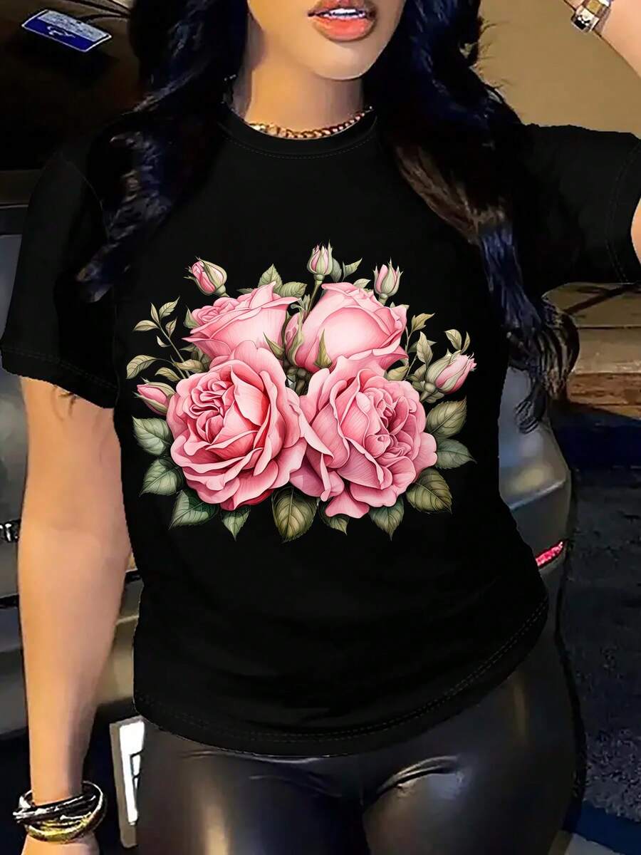 Women's Short-Sleeved Cotton T-Shirt, Black With Pink Floral Print - "I'm A Proud Mother Of 3" Design, Breathable And Comfortable Fabric, Casual Style For Spring And Summer, Everyday Wear. | Floral Print Top | Comfortable Fit - 黑色 - 查看 1