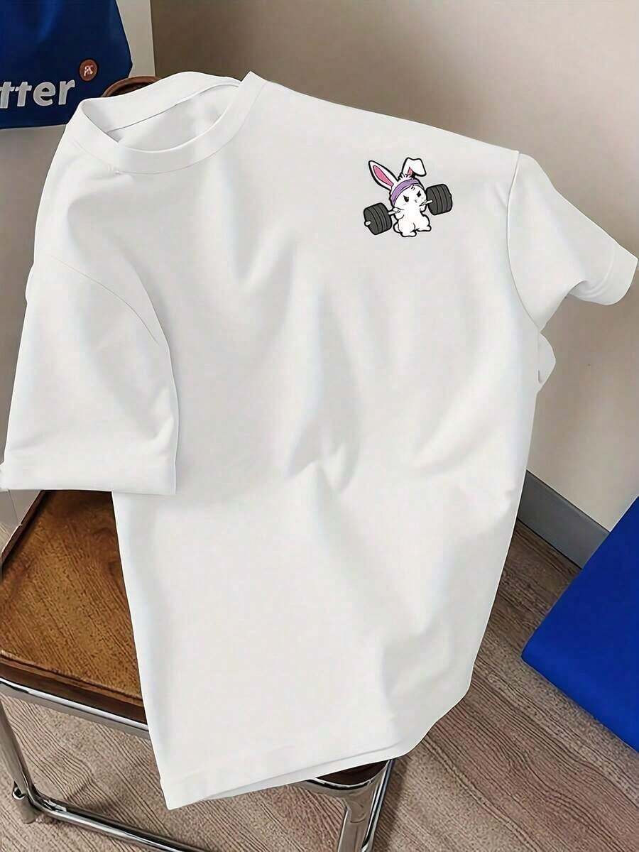 Women's Summer T-Shirt, Casual Minimalist Style For Spring, Summer And Autumn, With Cartoon Rabbit Print, Ideal For Casual Outings, Daily Wear, College Style And Festival Occasions. 100% Polyester, Machine Washable, Not Suitable For Dry Cleaning. JT6521 Casual American Style - 白色 - 查看 1