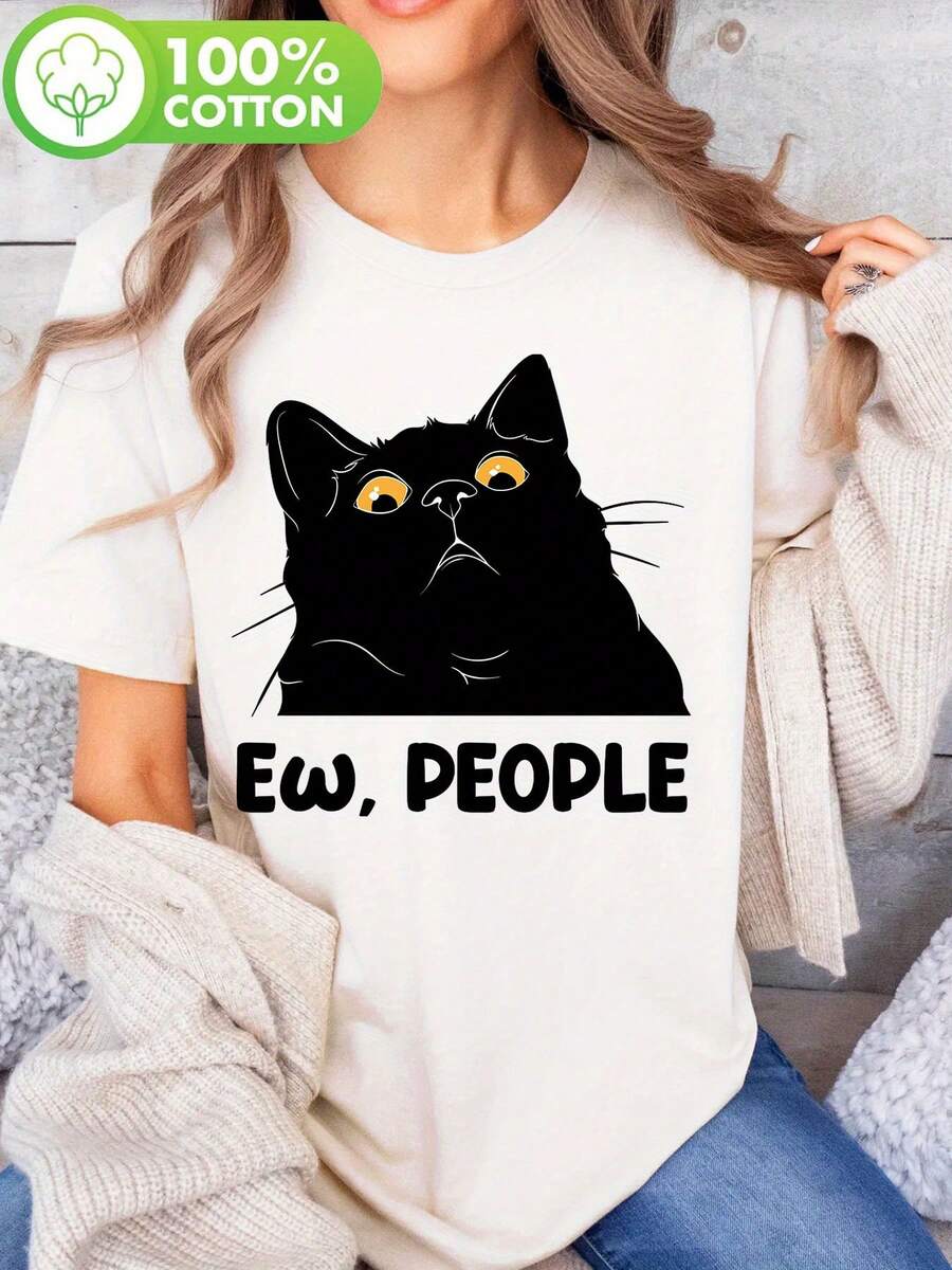 Camiseta negra para mujer con estampado "Ew, People" - Diseño divertido de gato, manga corta, cuello redondo, top casual de verano para mujeres y hombres, ropa informal.| Diseño de Gato Juguetón| Camiseta de tela estilo Y2k - Blanco - Ver 1