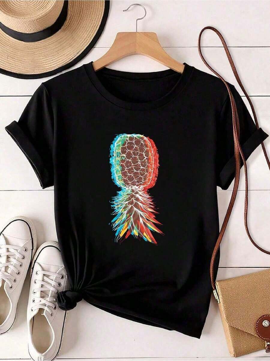 Vintage Loose Fit Women's T-Shirt With Letter Print, Casual Daily Wear, Pineapple T-Shirt, Lifestyle Swinger Vaporwave Oversize T-Shirt, 100% Pure Cotton - 黑色 - 查看 1