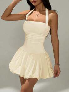 Vestido informal corto de unicolor con cuello de lazo y espalda descubierta para mujer - Amarillo claro - Ver 10