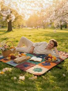 79*79 Inch Foldable Picnic Blanket | Soft Thick Layered Design, Floral Fruit Print, With Carrying Handle, PU Coated Oxford Fabric Material, Machine Washable - Suitable For Beach, Park, Camping, Travel - Multicolor - View 1